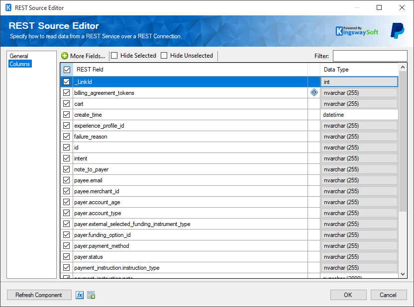 SSIS PayPal REST Source - Columns